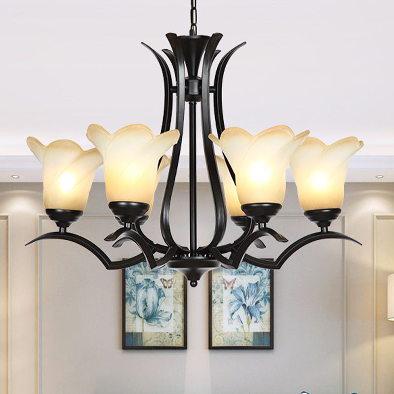 1/2-Tier Flower White Glass Chandelier Lighting Traditional 3/6/8 Lights Black Living Room Hanging Ceiling Lamp