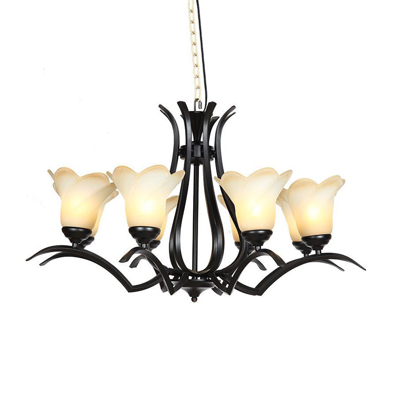1/2-Tier Flower White Glass Chandelier Lighting Traditional 3/6/8 Lights Black Living Room Hanging Ceiling Lamp
