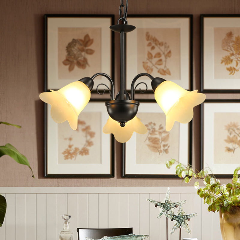 3/5/6 Bulbs Dining Room Chandelier Retro Black Finish Ceiling Pendant Lighting with Floral Shape Milky Glass Shade