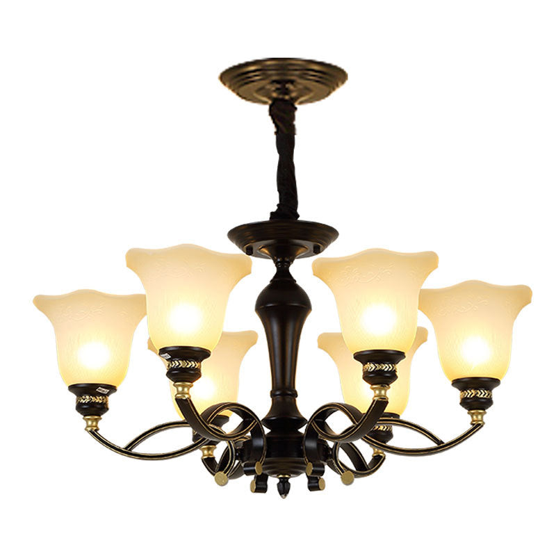 Éclairage de lustre en fleur traditionnel 3/6/8 têtes White Grosted Glass Plafond Lampe Fixture en noir pour le salon