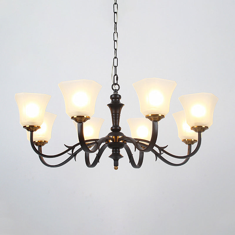 3/4/6 Bulbes de chambre à coucher Plafond lustre rétro Éclairage de pendentif noir avec une teinte en verre givré de cloche laiteuse