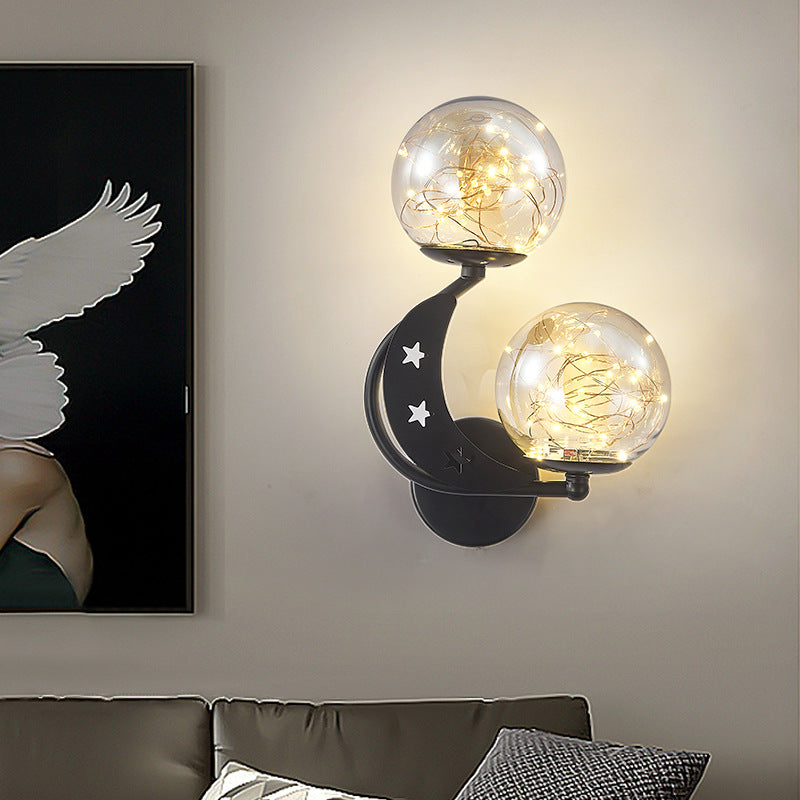 Modern Creative LED Wall Sconce Wrought Iron Globe Wall Lamp with Clear Glass Shade