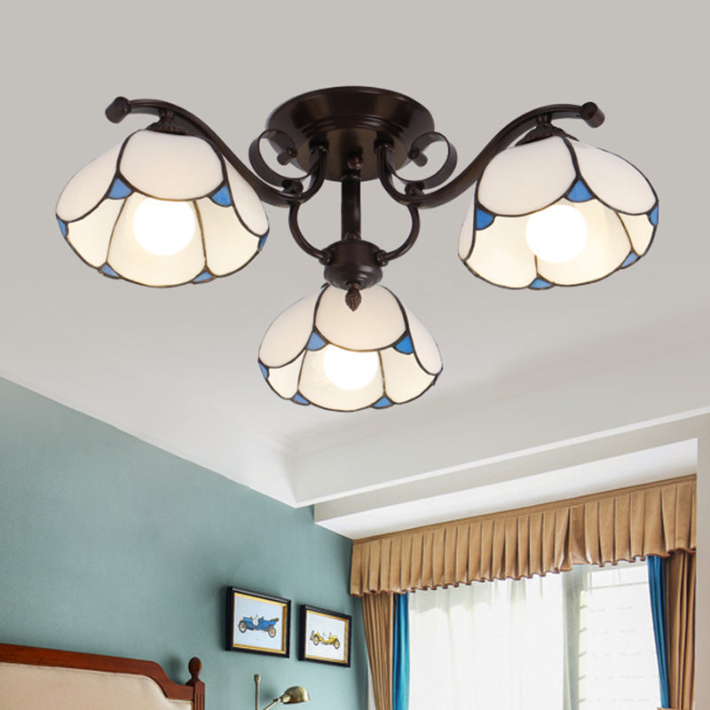 Geschulpte gebrandschilderde glazen plafondlamp Tiffany 3/6/8 koppen grijs/wit/blauw semi -spoelmontage licht