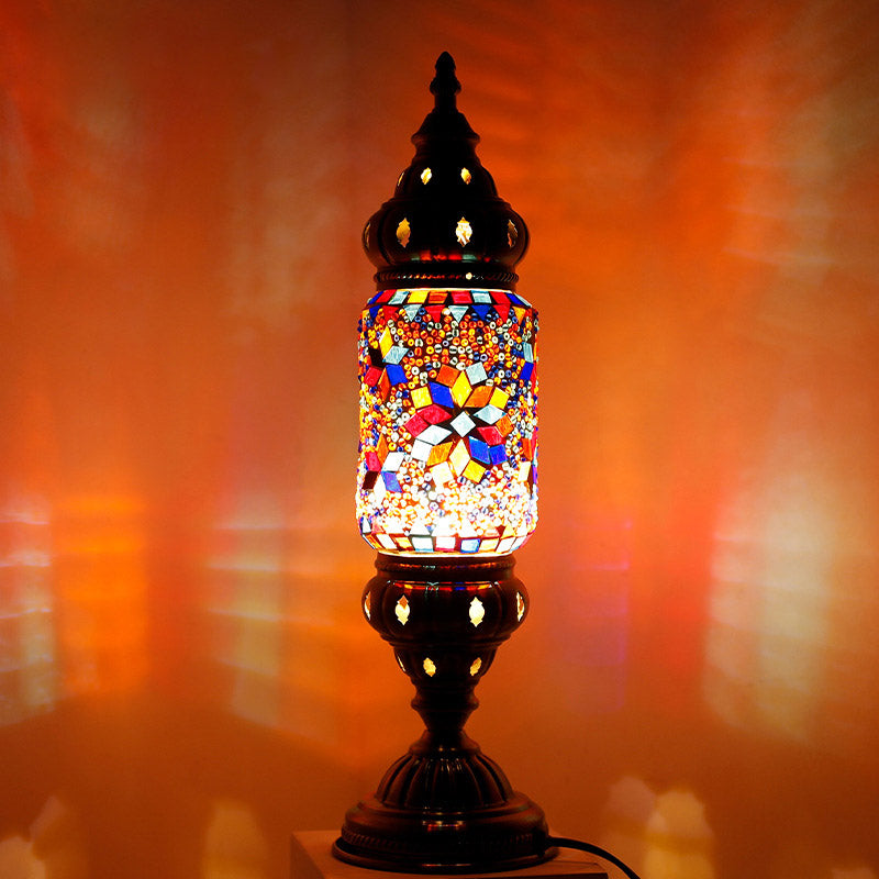 Moroccan Cylindrical Table Light 1-Bulb Handcrafted Mosaic Glass Night Stand Lamp