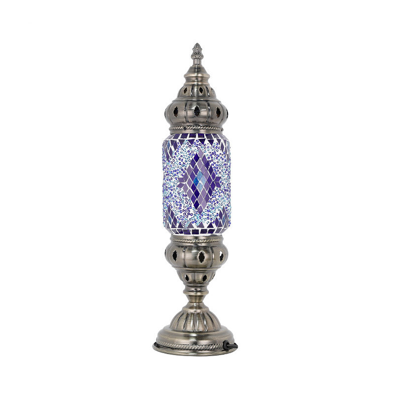 Moroccan Cylindrical Table Light 1-Bulb Handcrafted Mosaic Glass Night Stand Lamp
