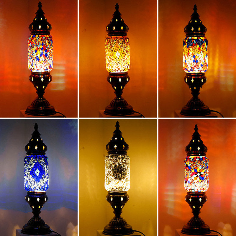 Moroccan Cylindrical Table Light 1-Bulb Handcrafted Mosaic Glass Night Stand Lamp