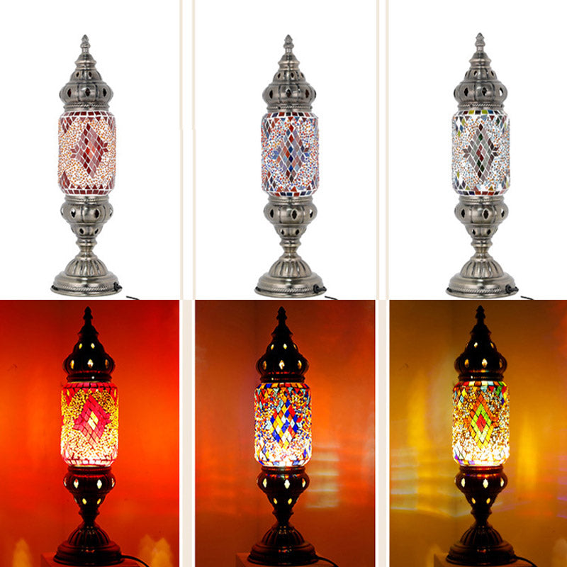 Moroccan Cylindrical Table Light 1-Bulb Handcrafted Mosaic Glass Night Stand Lamp