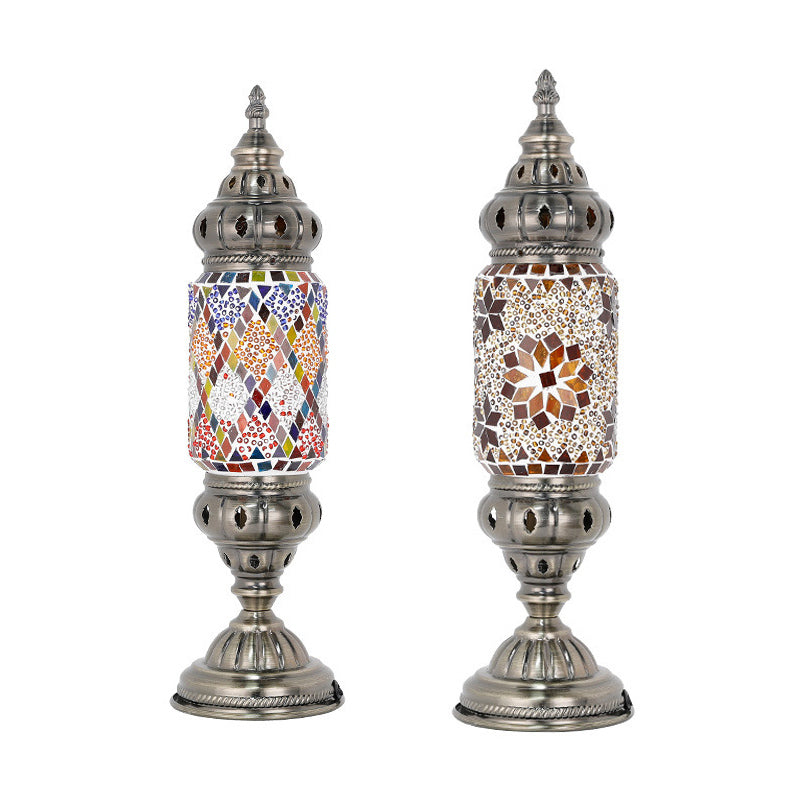 Moroccan Cylindrical Table Light 1-Bulb Handcrafted Mosaic Glass Night Stand Lamp