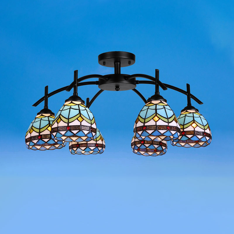 Blauwe kom Semi Flush Mount Mount Lamp Mediterranean 6/8 Lichten gebrandschilderd glas dicht bij plafondlamp
