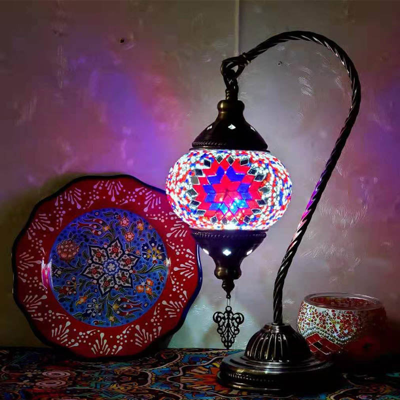 1 Bulb Gooseneck Table Light Moroccan Mosaic Stained Glass Night Light with Globe Shade