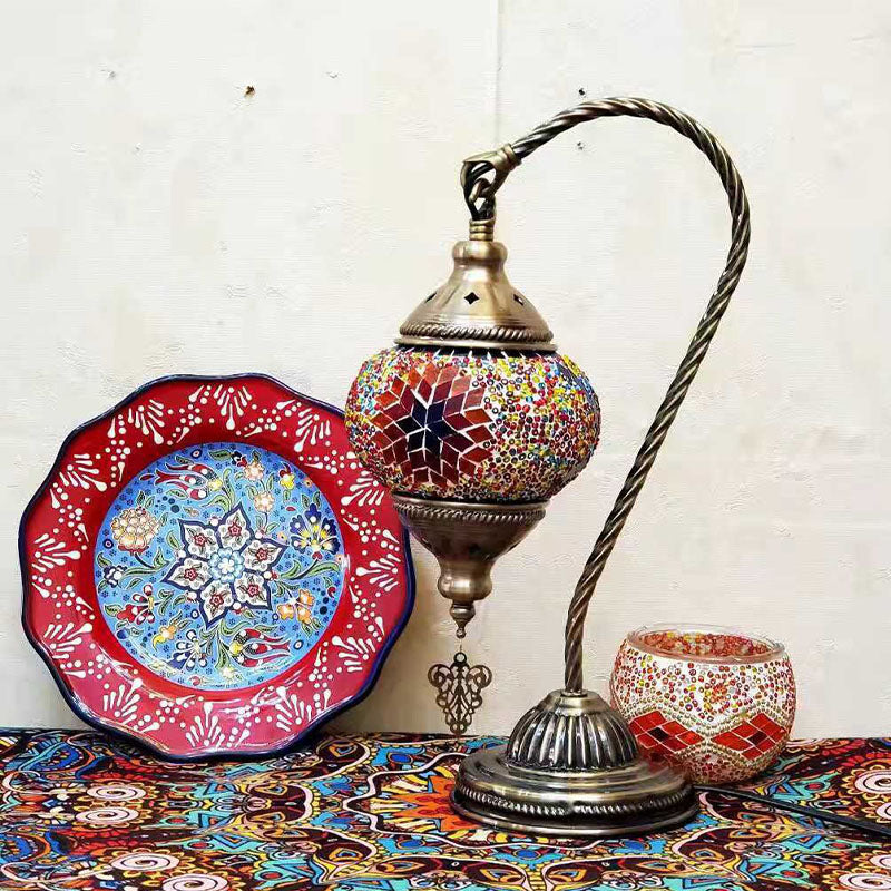 1 Bulb Gooseneck Table Light Moroccan Mosaic Stained Glass Night Light with Globe Shade