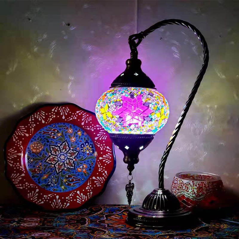1 Bulb Gooseneck Table Light Moroccan Mosaic Stained Glass Night Light with Globe Shade