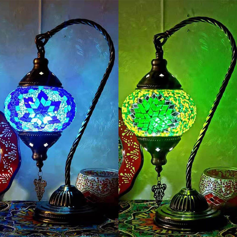 1 Bulb Gooseneck Table Light Moroccan Mosaic Stained Glass Night Light with Globe Shade