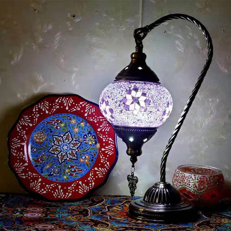 1 Bulb Gooseneck Table Light Moroccan Mosaic Stained Glass Night Light with Globe Shade
