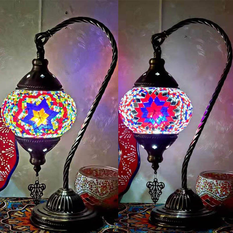 1 Bulb Gooseneck Table Light Moroccan Mosaic Stained Glass Night Light with Globe Shade