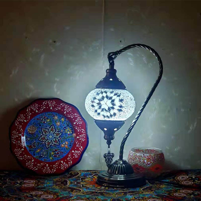1 Bulb Gooseneck Table Light Moroccan Mosaic Stained Glass Night Light with Globe Shade