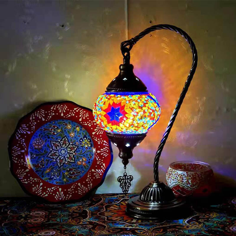 1 Bulb Gooseneck Table Light Moroccan Mosaic Stained Glass Night Light with Globe Shade