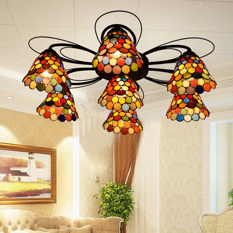 Bell Semi Flush Monte Tiffany Multicolore in vetro colorato 3/7/9 teste lampada a soffitto