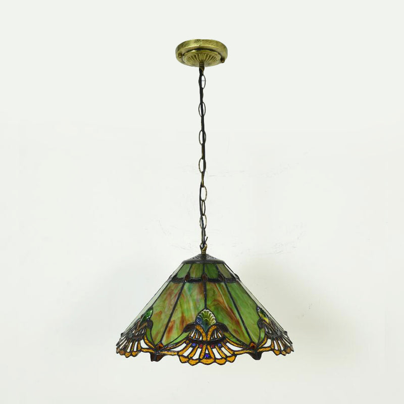 1 Light Pendant Lighting Baroque Conical Cut Glass Hanging Light Kit in Green for Dining Room