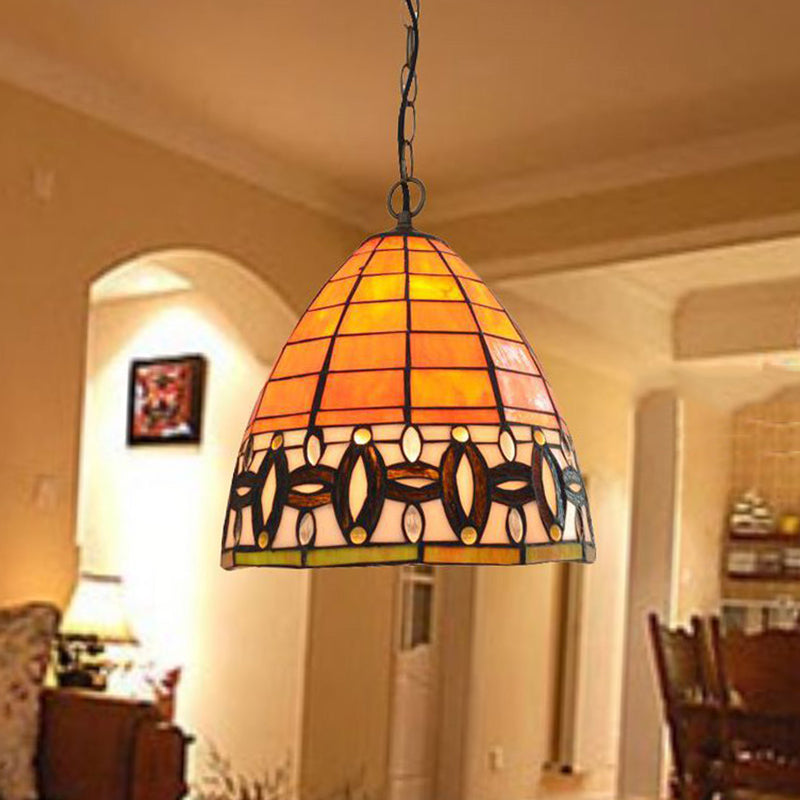 Tiffany Tapered Hanging Lamp 1 Light Cut Glass Down Lighting Pendant in Orange for Kitchen