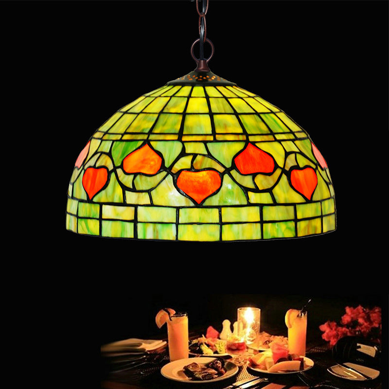 1 Light Kitchen Hanging Pendant Light Mediterranean Red/Green Ceiling Lamp with Domed Stained Glass Shade