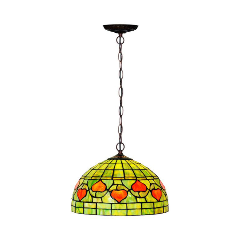 1 Light Kitchen Hanging Pendant Light Mediterranean Red/Green Ceiling Lamp with Domed Stained Glass Shade