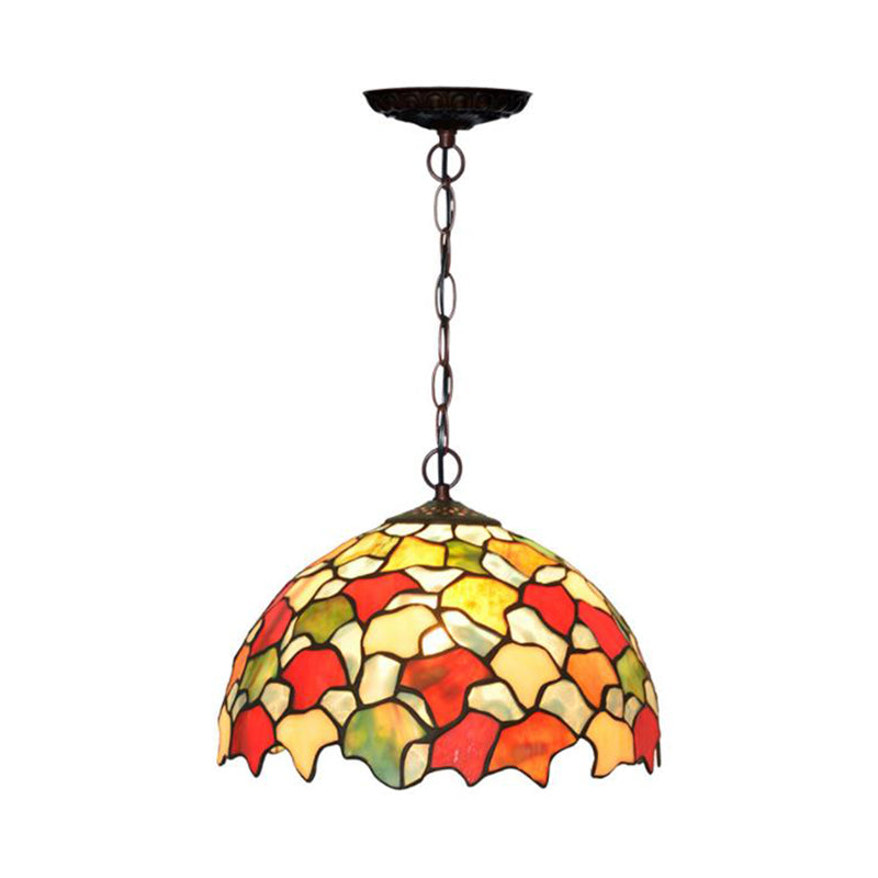 1 Light Kitchen Hanging Pendant Light Mediterranean Red/Green Ceiling Lamp with Domed Stained Glass Shade