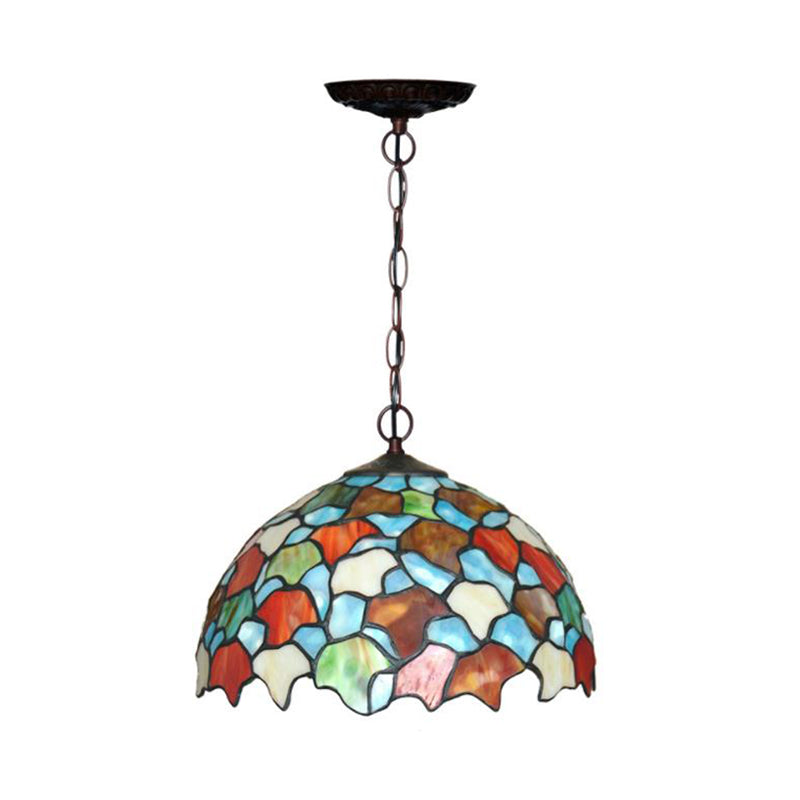 1 Light Kitchen Hanging Pendant Light Mediterranean Red/Green Ceiling Lamp with Domed Stained Glass Shade