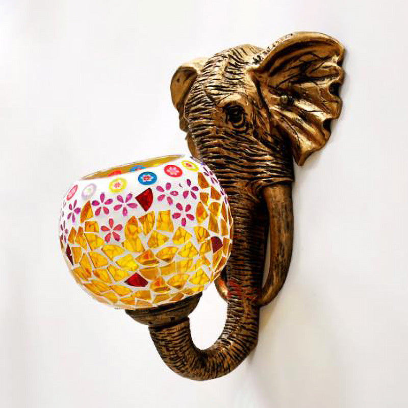 Stained Glass Elephant Head Wall Mount Lamp Baroque 1 Light Silver/Yellow Sconce Light Fixture for Corridor
