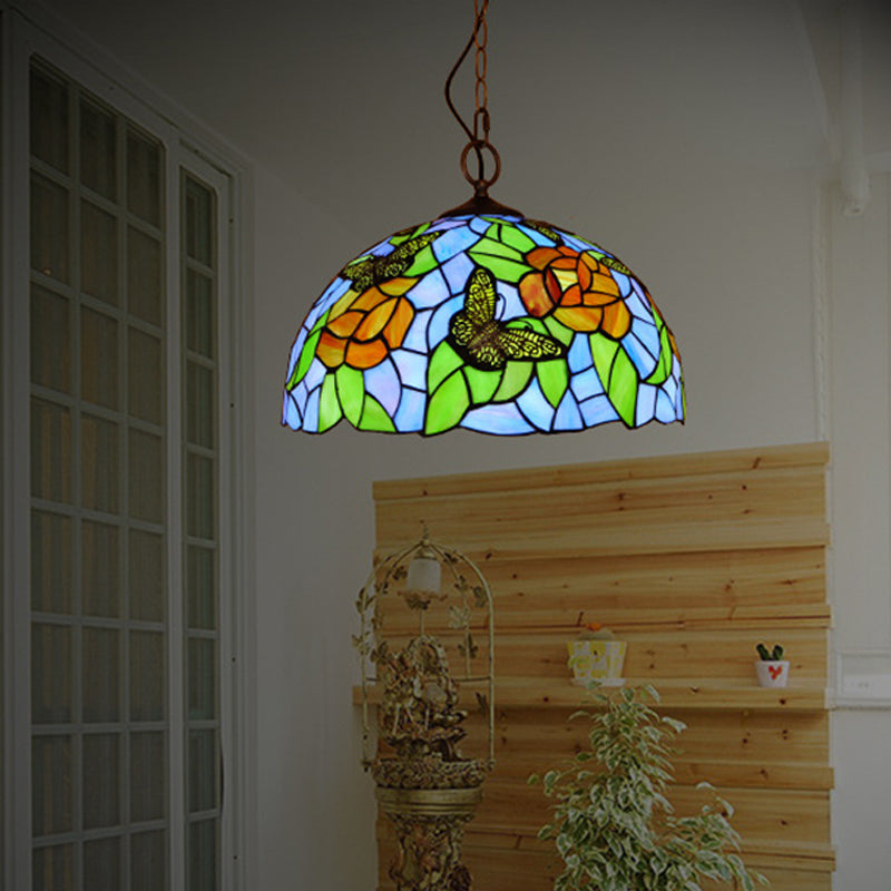 White/Red 1 Light Pendant Light Fixture Mediterranean Stained Glass Butterfly Hanging Lamp Kit