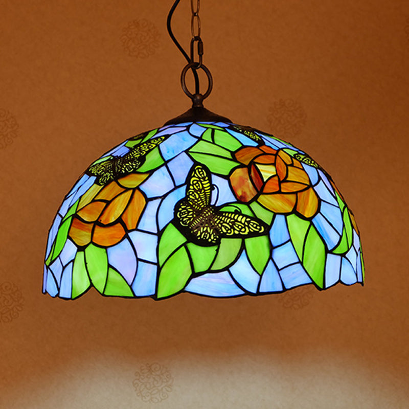 White/Red 1 Light Pendant Light Fixture Mediterranean Stained Glass Butterfly Hanging Lamp Kit