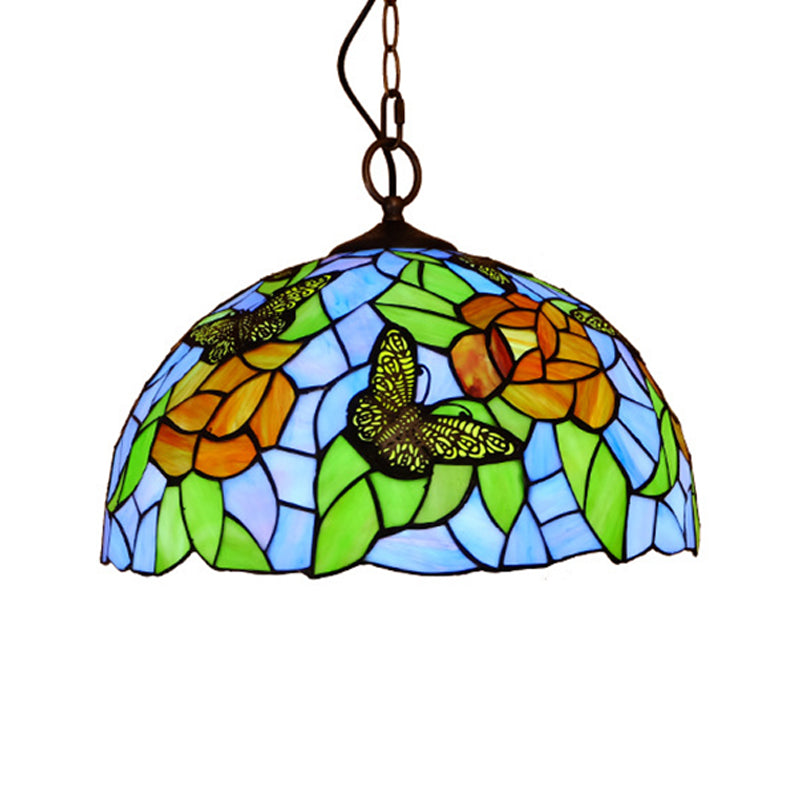 White/Red 1 Light Pendant Light Fixture Mediterranean Stained Glass Butterfly Hanging Lamp Kit