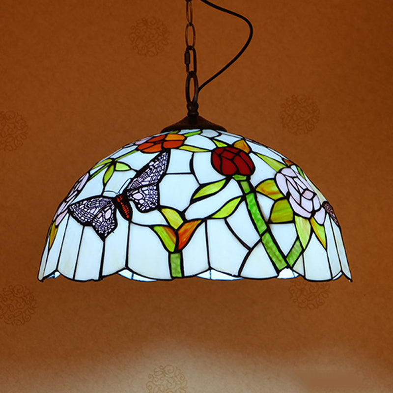 White/Red 1 Light Pendant Light Fixture Mediterranean Stained Glass Butterfly Hanging Lamp Kit