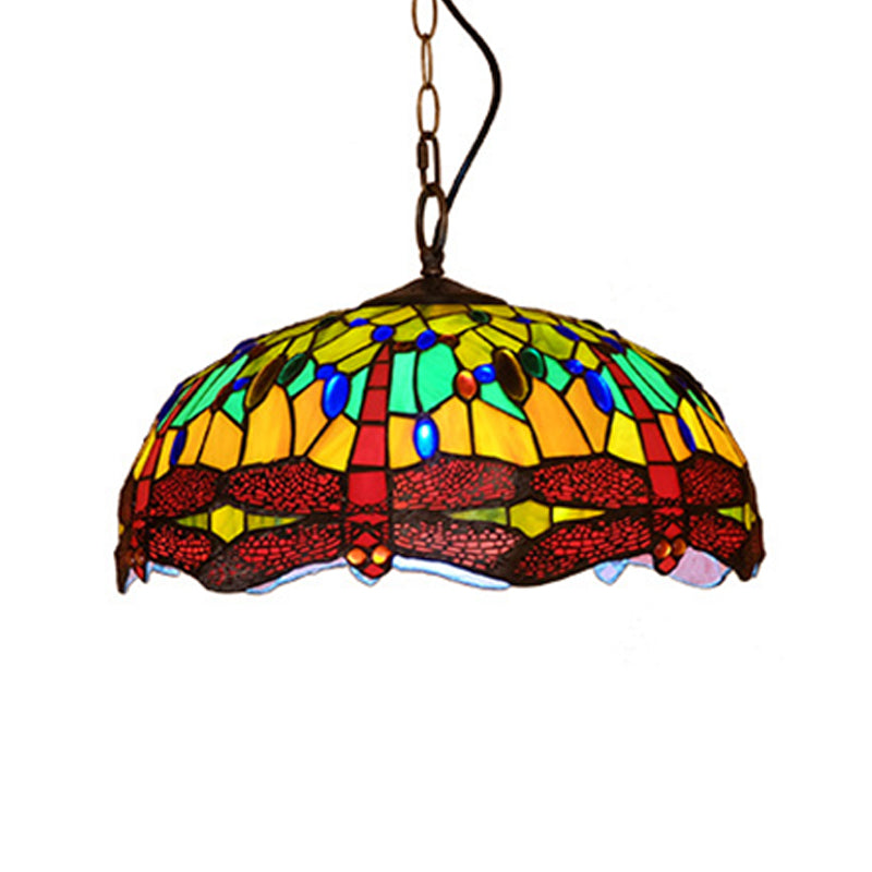Tiffany Dragonfly hanglampverlichting 1 licht gebrandschilderd glazen plafondlicht in rood/geel/blauw voor keuken