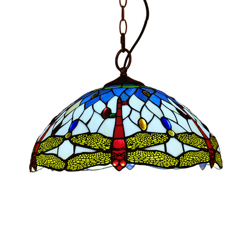 Tiffany Dragonfly Pendant Lighting Fixture 1 Light Stained Glass Ceiling Light in Red/Yellow/Blue for Kitchen