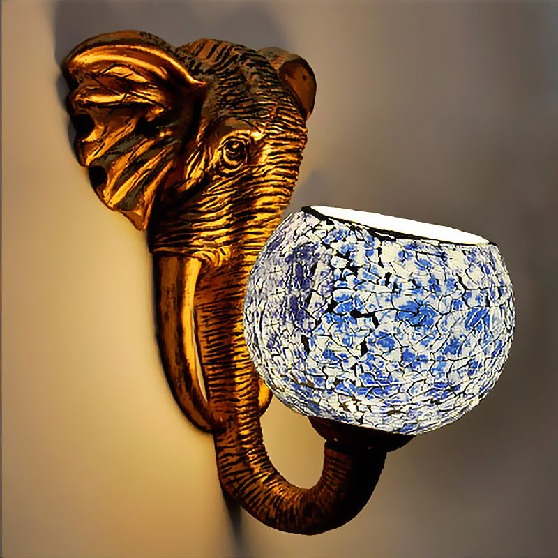 Globe Wall Mounted Light 1 Light Hand Cut Glass Baroque Sconce in Red/Yellow/Blue with Elephant Deco for Outdoor