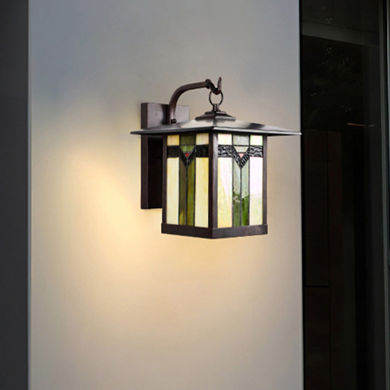Green 1 Light Wall Mounted Light Fixture Tiffany Cut Glass Lantern Sconce for Outdoor