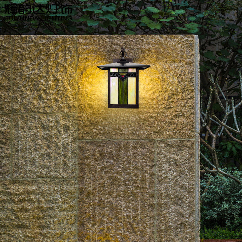 Green 1 Light Wall Mounted Light Fixture Tiffany Cut Glass Lantern Sconce for Outdoor