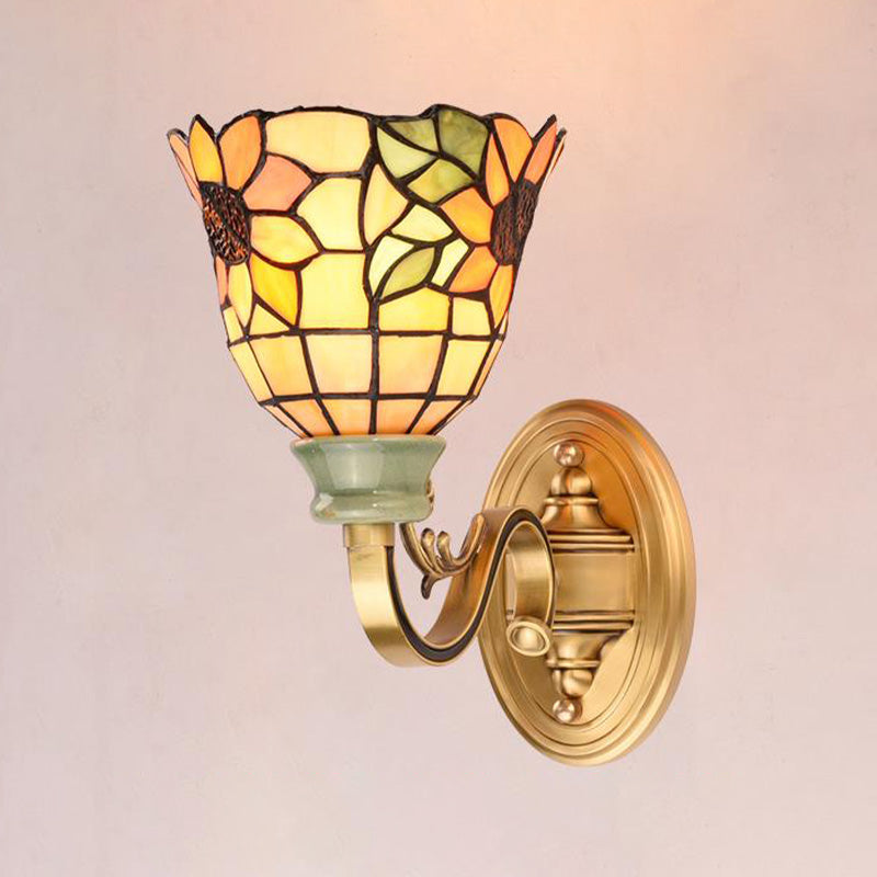 1 Light Wall Mounted Lamp Tiffany Style Cone/Bowl/Flower Cut Glass Sconce Light in Beige/Yellow/Orange for Bedroom