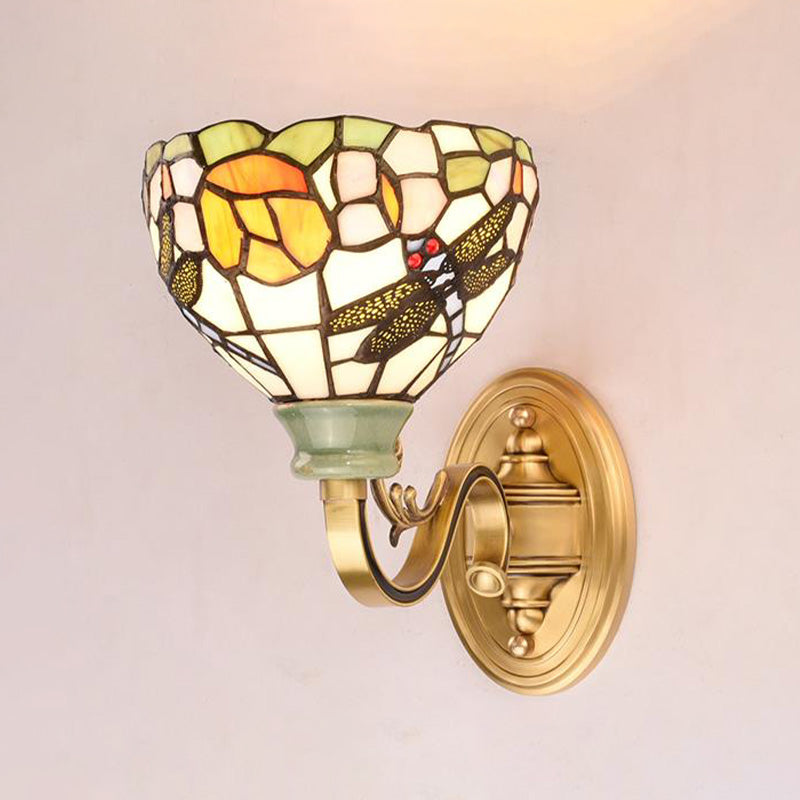 1 Light Wall Mounted Lamp Tiffany Style Cone/Bowl/Flower Cut Glass Sconce Light in Beige/Yellow/Orange for Bedroom