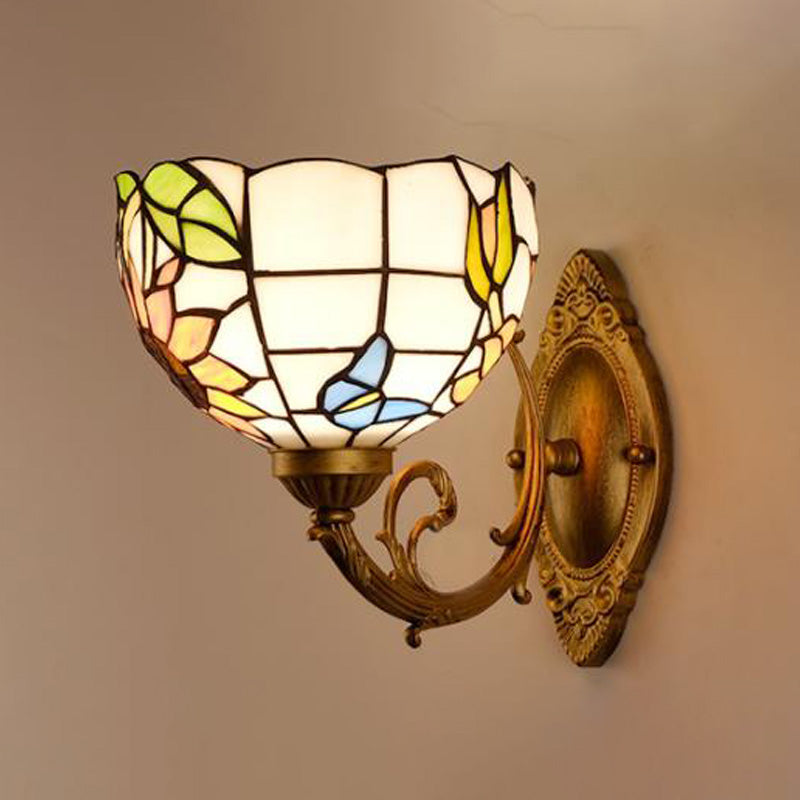 Grape/Blossom Vanity Lighting Fixture 1 Light Stained Art Glass Victorian Sconce Light in Brass for Bathroom