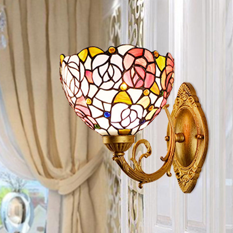 Grape/Blossom Vanity Lighting Fixture 1 Light Stained Art Glass Victorian Sconce Light in Brass for Bathroom