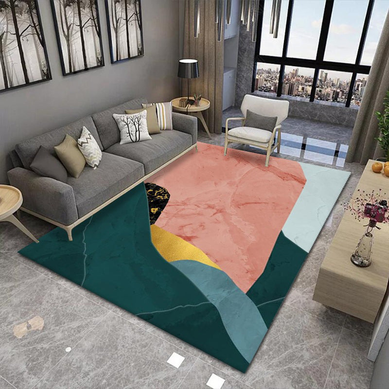 Multicolor Indoor Area Rug Geometric Lines Polyester Carpet Anti-Slip Rug for Living Room