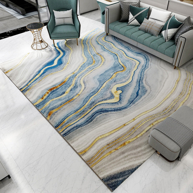 Blue Modern Rug Polyester Abstract Carpet Non-Slip Backing Area Carpet for Home Decoration