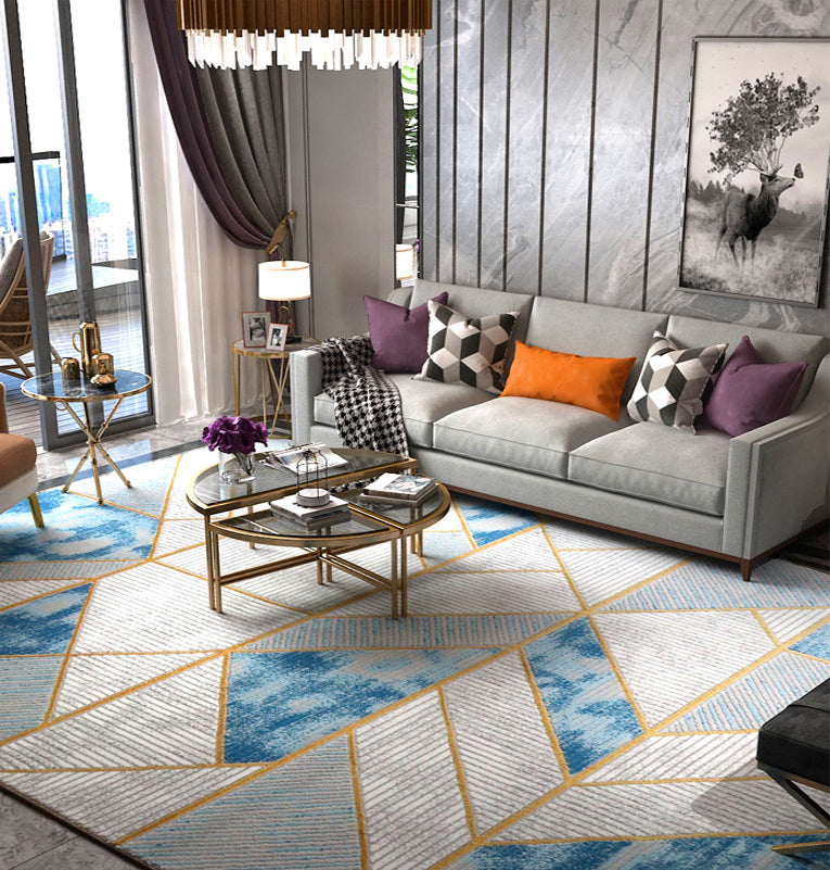 Blue Modern Rug Polyester Abstract Carpet Non-Slip Backing Area Carpet for Home Decoration