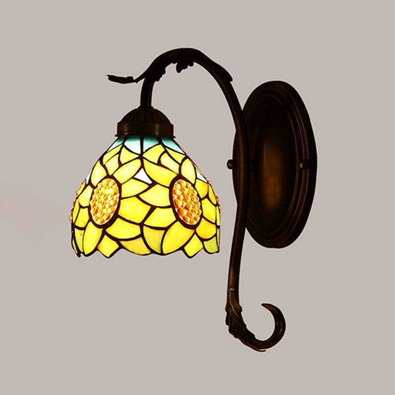Sunflower Wall Lamp 1 Light Stained Art Glass Mediterranean Sconce in Yellow with Curved Arm