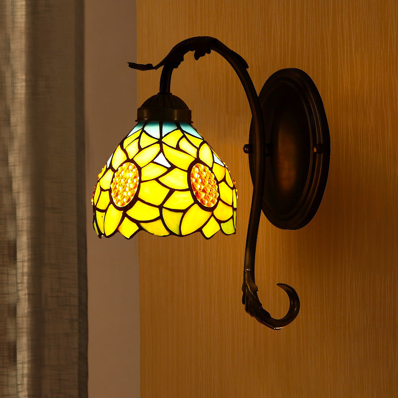 Sunflower Wall Lamp 1 Light Stained Art Glass Mediterranean Sconce in Yellow with Curved Arm