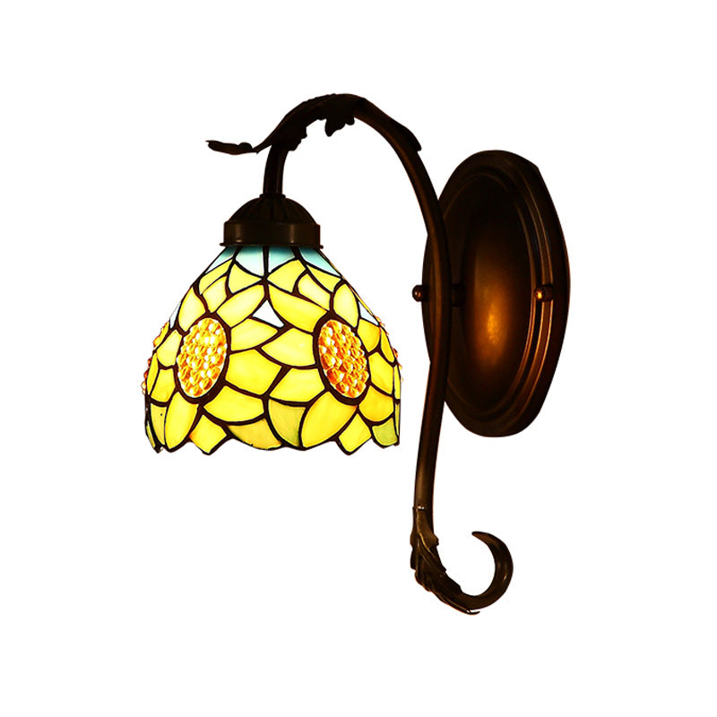 Sunflower Wall Lamp 1 Light Stained Art Glass Mediterranean Sconce in Yellow with Curved Arm