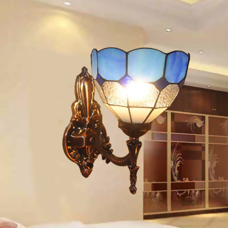 Dome Stained Glass Sconce Light Fixture Tiffany Style 1 Lights Blue/Gold/Tan Wall Lamp for Bedroom