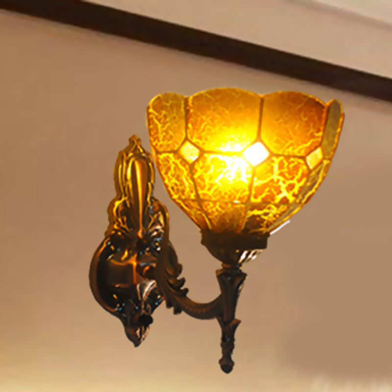 Dome Stained Glass Sconce Light Fixture Tiffany Style 1 Lights Blue/Gold/Tan Wall Lamp for Bedroom